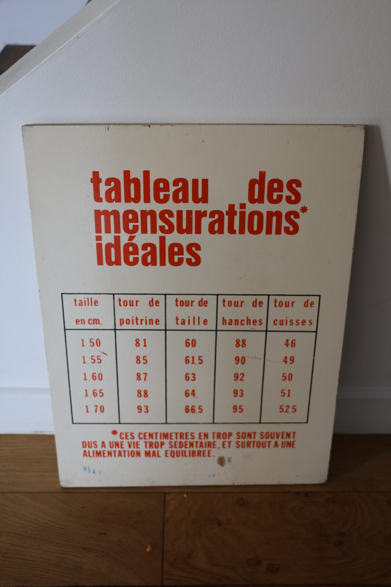 Plaque publicitaire « mensurations idéales »